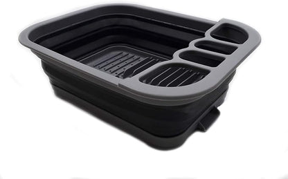 SAMMART Collapsible Dish Drainer with Drainer Board - Foldable Drying Rack Set - Portable Dinnerware Organizer - Space Saving Kitchen Storage Tray (1, Grey/Black)