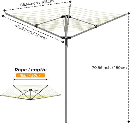 tonchean 165 Feet Outdoor Umbrella Drying Rack, 4-arm Rotary Umbrella Clothesline for Laundry Adjustable Height Rotary Dryer Collapsible Clothes Drying Rack with 12-Lines