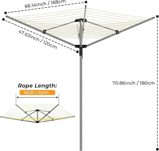 tonchean 165 Feet Outdoor Umbrella Drying Rack, 4-arm Rotary Umbrella Clothesline for Laundry Adjustable Height Rotary Dryer Collapsible Clothes Drying Rack with 12-Lines
