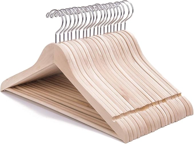 Nature Smile 20 Pack Unfinished Natural Solid Wooden Clothes Hangers Wood Suit Coat Jacket Hanger with Extra Smoothly Cut Notches and Bar - 360°Stronger Rotatable Hook
