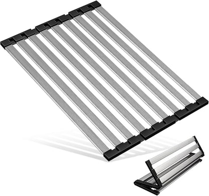 TIKNIK 21.5" X 13" Dish Drying Rack, Over Sink Drying Rack, Kitchen Roll Up 304 Stainless Steel Drain Rack, Roll Up for Kitchen and RV Sinks, Black