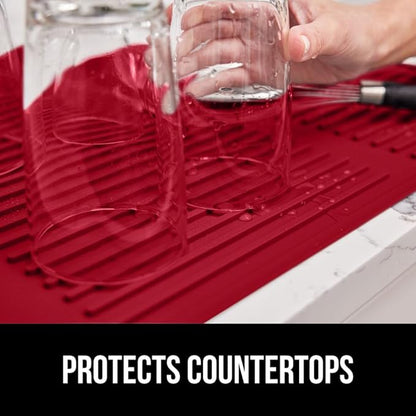 GORILLA GRIP 100% BPA-Free Patented Silicone Dish Drying Mat for Kitchen Counter, Water Catching Ribbed Design, Easy Clean Waterproof Sink Liner, Heat Resistant, Fits Under Rack, 12x16 Inch, Red