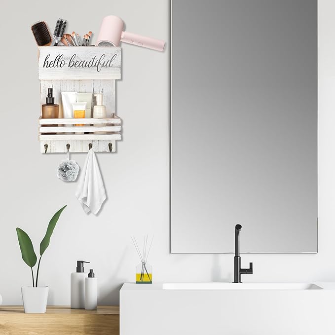 Cokritsm Wooden Hair Dryer Holder Wall-Mounted - 2 Tier Bathroom Storage Shelf Cosmetic & Hairdressing Tools Organizer for Bathroom Countertop/Vanity (White)