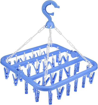 32 Clips Foldable Clothes Drying Rack, 360° Rotating Hanger with Windproof Hook for Socks Underwear Baby Clothes Towels Bras Diapers Scarf Gloves Portable Laundry Rack
