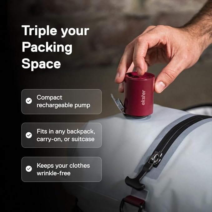 Ekster Vacuum Travel Kit - Odor & Waterproof Anti-Rip Nylon Compression Storage and Organization Travel Vacuum Bags with Pump,TSA-Ready,Wireless Vacuum Pump for 15+ Items,Backpacks & Suitcases-4 Pack