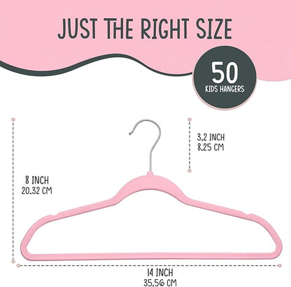 TechZoo 50 Premium Kids Velvet Hangers - 14" Non-Slip Clothes Hangers for Kids & Preteens - Ultra Slim, Space-Saving, Strong & Durable Hangers with 360° Swivel Hook - Pink