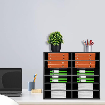 Literature Organizer Sorter,Desktop File Sorter Mail Center Magazine Paper Storage PVC Board File Holder Mailbox Student Classroom Keepers for Home&Office (Black, 12 Slots)
