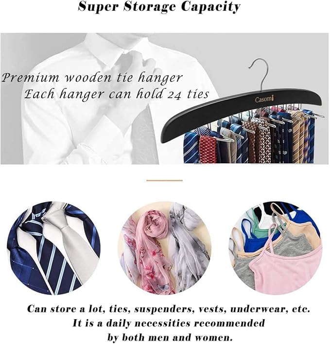Ytaolis Premium Wood & Sturdy Quality Tie Hanger, 24 Non Slip Metal Hooks, 360 Swivel Design, Anti Slip Grips, Space Saving, Foldable, Black