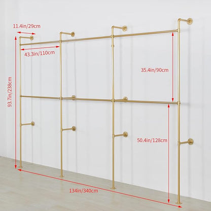 Wall Mounted Industrial Pipe Clothing Garment Racks, Metal Clothing Store Display Stands Clothes Rack Multi-purpose Heavy Duty Hanging Rod for Closet Storage, 134in Gold