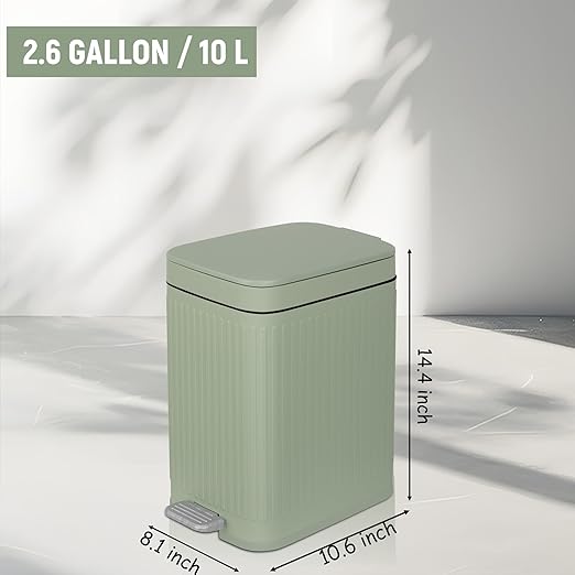 rejomiik Small Bathroom Trash Can with Lid Slim Soft Close Garbage Can Step Wastebasket Container Trash Bin for Office Bedroom Kitchen Living Room (2.6 Gallon Light Green)