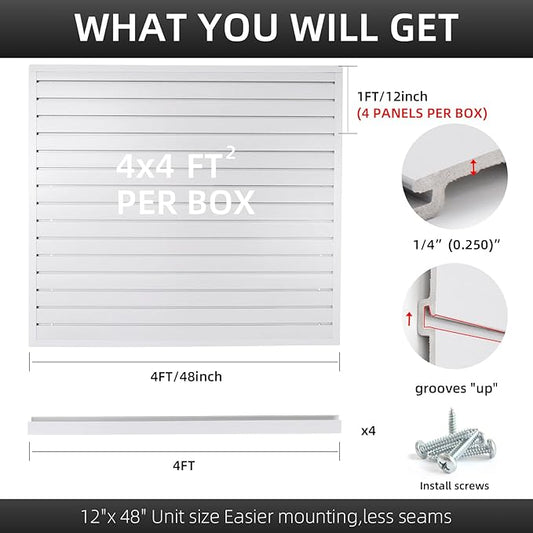 Slatwall Panel Garage Organizer Heavy Duty Wall Mounted, PVC Slat Panels Home Storage System, Tool Organization Peg Board 4ft by 4ft (White)