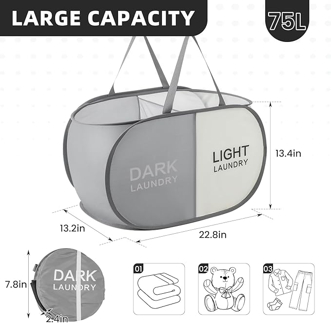 TECHMILLY Collapsible Laundry Basket Durable Pop Up Hamper with 2 Compartments for Sort and Storage, Portable Dirty Clothes Hamper for Dorm, Laundry Room or Travel (Grey + Begie)