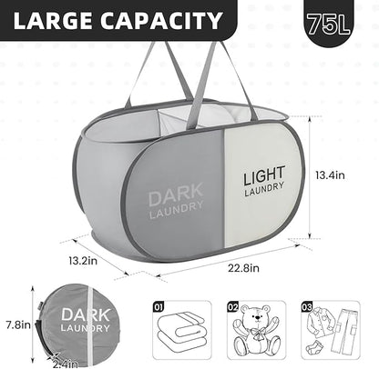 TECHMILLY Collapsible Laundry Basket Durable Pop Up Hamper with 2 Compartments for Sort and Storage, Portable Dirty Clothes Hamper for Dorm, Laundry Room or Travel (Grey + Begie)