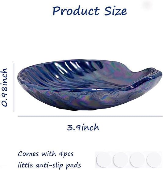 Shell Jewelry Holder Dish, Ceramic Seashell Trinket Dish for Women, Cute Room Decor Jewelry Plates for Earrings Ring, Birthday Mother's Day Christmas Gift for Women 3.9", Indigo Iridescent Surface