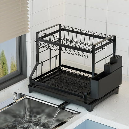 2-Tier Kitchen Dish Rack with Drainboard, Black, Large Capacity Dish Drying Rack with Cup Holder, Knife Block, Cutting Board Rack, 42x32.5x34cm
