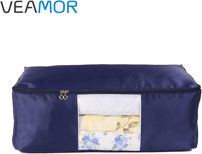 VEAMOR Comforter Storage Bags Pack of 2,Pillow Beddings/Blanket Clothes Organizer Storage Containers with Zippers,Breathable and Moistureproof(Navy blue 2pcs, XXL)