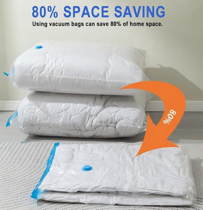 10 Pack Vacuum Storage Bags with Hand Pump, 1 Jumbo + 3 Large + 3 Medium + 3 Small Plastic Packaging Bags, 80% Space Saver Sealer Compression Bags for Clothing, Travel Lugggage, Blankets, Comforters