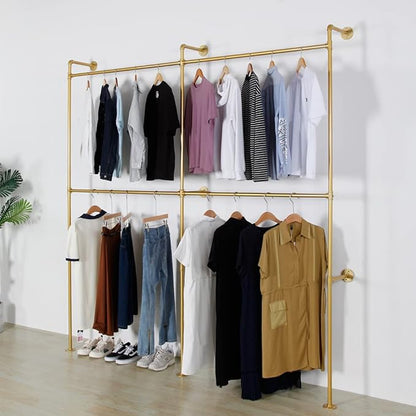Industrial Pipe Clothes Rack Metal Clothing Store Display Stands Wall Mounted Garment Rack, Heavy Duty Hanging Rod for Closet Storage, 89.8in Gold