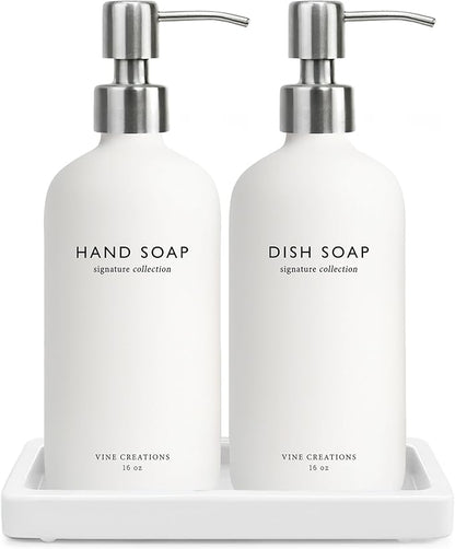 Vine Creations Glass Soap Dispenser Set, Kitchen Soap Dispenser Set with Ceramic Tray, 16 oz Dish Soap and Hand Soap Dispensers with Stainless Steel Pump Decor (White Bottle/Silver)
