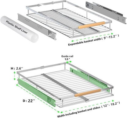 Expandable Pull Out Cabinet Drawer, Slide Out Shelves Heavy Duty Metal, Kitchen Pantry Under Sink Storage Roll Out Drawer for Pots, Pans, 22.4''Deep(3 Pack)