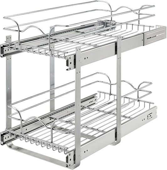 Rev-A-Shelf 2-Tier Kitchen Cabinet Pullout Shelf and Drawer Organizer Slide Out Pantry Storage Basket in Multiple Sizes, 12 x 22 In, 5WB2-1222CR-1