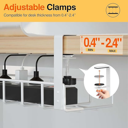3 Pack Cable Management Under Desk Tray, 47.1" No Drill Under Desk Wire Management with Upgraded Clamp, Metal Cord Organizers with Cable Organizers, PC Cord Organization Rack, White