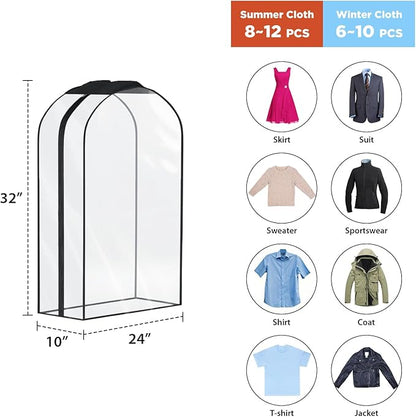 Univivi Garment Bags Garment Covers for Hanging Clothes, 10" Gusseted Clear Suit Bags for Clothes Storage, Garment Bag for Closet Storage, 32", 4-Pack