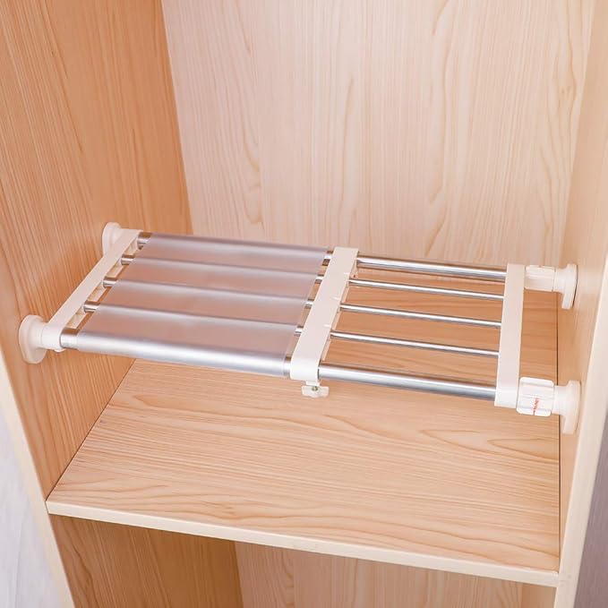 Hershii Closet Tension Shelf & Rod Expandable Metal Storage Rack Adjustable Organizer DIY Divider Separator for Cabinet Wardrobe Cupboard Kitchen Bathroom，15.74-23.62inches