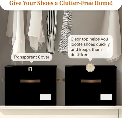 Shoe Organizer for Closet, Foldable Shoe Storage Containers, Fits up to 16 Pairs, Large Shoe Storage Organizer Box Cubby Baskets Bins with Clear Cover and Reinforced Handles, Black