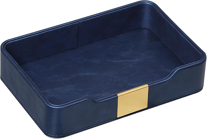 MEIBOOCH 10.2" x 6.7" Nightstand Organizer Tray with Gold Accent, Decorative Valet Trays Cologne Organizer for Men, Key Bowl Perfume Trinket Tray for Dresser Bedside Entryway Table (Navy Blue)