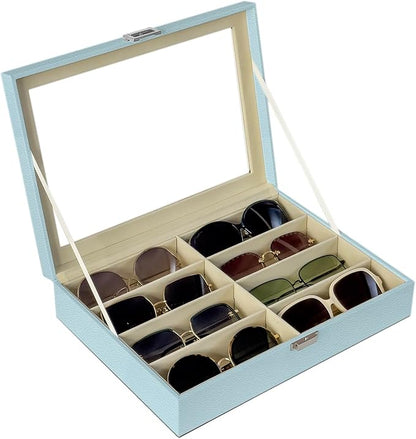 UnionPlus 8-Slots Sunglasses Case Organizer, Eyeglass Glasses Display Holder Collector, Multiple Sunglasses Storage Case, Lychee Blue