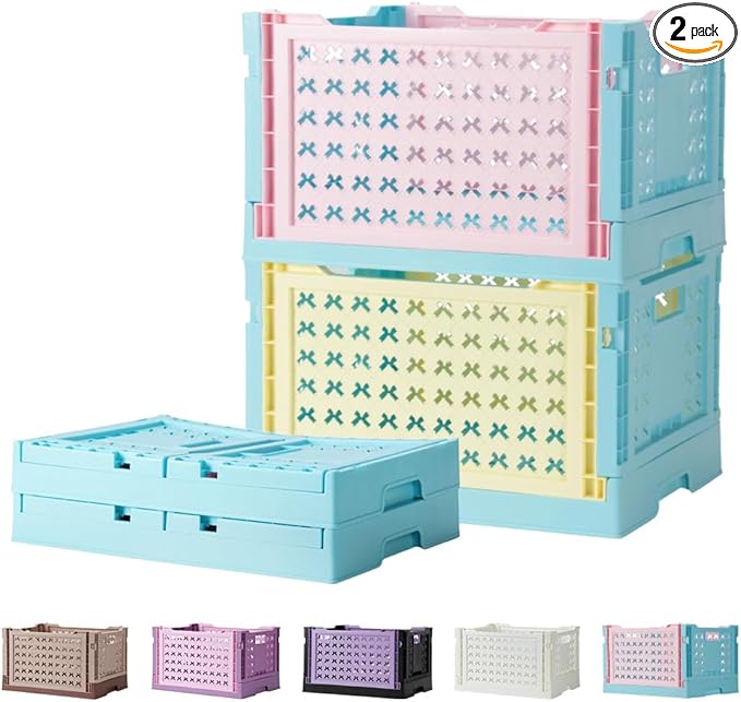 Stackable Plastic Closet Storage Basket, 2 Pack Foldable Closet Organizers and Storage Bins, Decorative Basket for Closet, Shelves, Laundry, Wardrobe Organizing (Pink Blue + Yellow Blue)