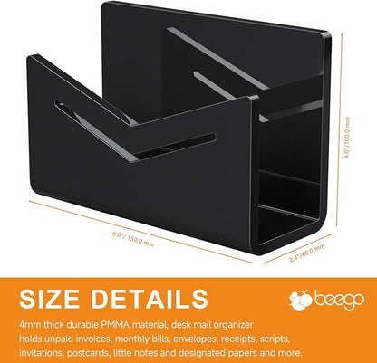 Beego Envelope and Mail Organizer Countertop - Black Acrylic Desk Organizer Letter Holder Desktop File Sorter Bill Document Folder Rack for Office, Home, School Desk Organization