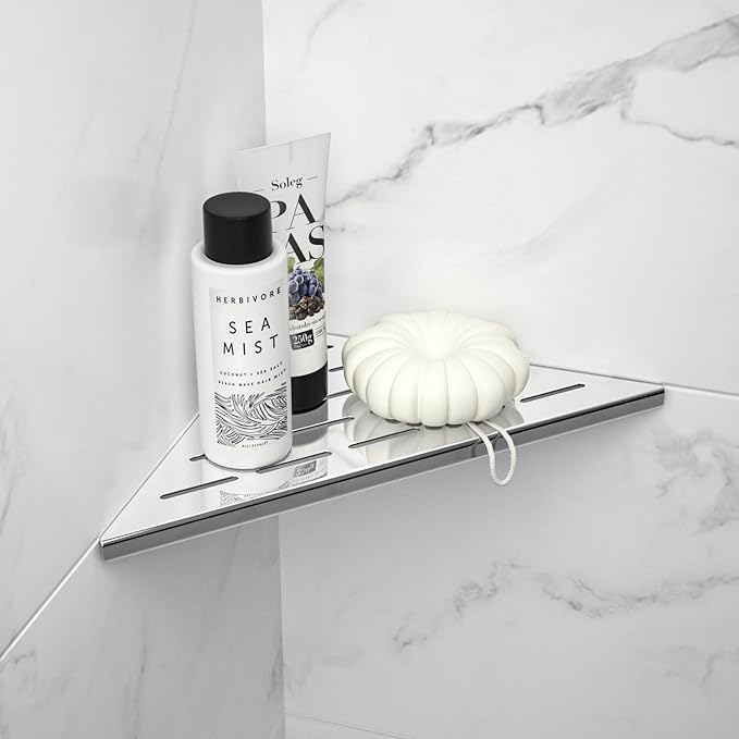 Bernkot Corner Shower Shelf 10" Polished 304 Stainless Steel Recessed Corner Shelves with Slot Design Bathroom Grout in Shelf for Tiled Wall, 2 Pack