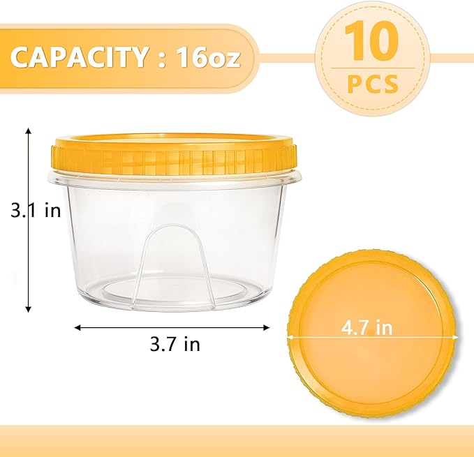 Slomg 10 Pack 16 oz Freezer Storage Containers with Yellow Twist Top Lids, Small Plastic Food Storage Soup Meal Prep Containers, Leakproof Overnight Quart Containers for Lunch Leftover Fruit Salad Oat