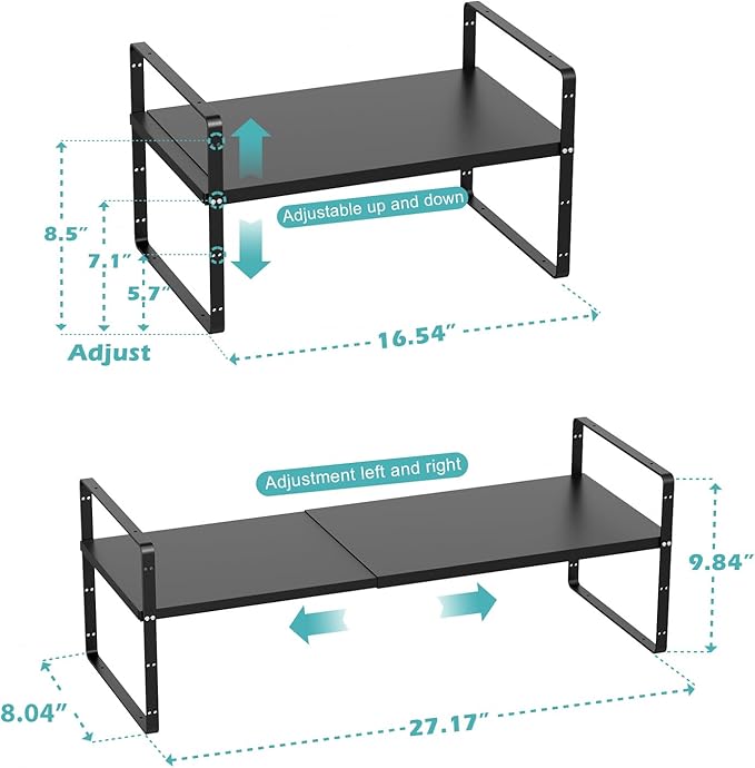 WEJIPP Cabinet Organizer Shelves,Expandable Spice Racks in Cabinet,Countertop Cupboard Pantry Shelves,Adjustable Storage Racks for Kitchen Bathroom Under Sink,2 Packs,8.07" D,Black