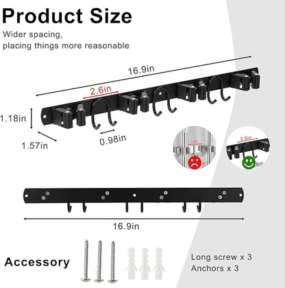 Broom Holder Wall Mount, Stainless Steel Mop Hanger with 4 Slots 6 Hooks, Tool Storage Wall Organizer for Kitchen Garden Garage Laundry Room Bathroom and RV, Black 1-Pack