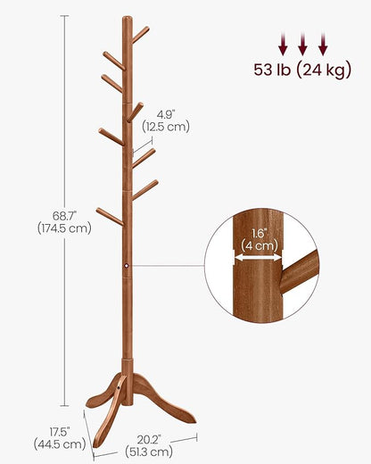 VASAGLE Solid Wood Coat Rack, Free Standing Tree-Shaped Coat Rack with 8 Hooks, 3 Height Options, for Clothes, Hats, Bags, Living Room, Bedroom, Home Office, Caramel Brown URCR01WN