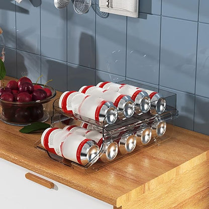 JECOMPRIS Beverage Can Dispenser Clear Canned Drinks Storage Rack Automatic Rolling Organizer for Fridge Pantry Space Saving Drink Holder for Tidy Kitchen Organization