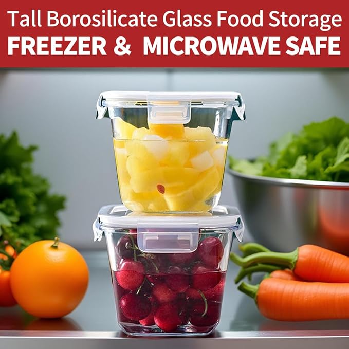 H.JSS WDJS 4 Cup Square Borosilicate Glass Food Storage Containers, 32oz Tall Glass Soup Containers with Lids, Large Square Meal Prep Bowl for Food, Salad, Lunch, Deli, Microwave, Freezer Saf (4Pack)