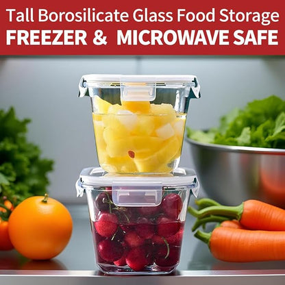 H.JSS WDJS 4 Cup Square Borosilicate Glass Food Storage Containers, 32oz Tall Glass Soup Containers with Lids, Large Square Meal Prep Bowl for Food, Salad, Lunch, Deli, Microwave, Freezer Saf (4Pack)