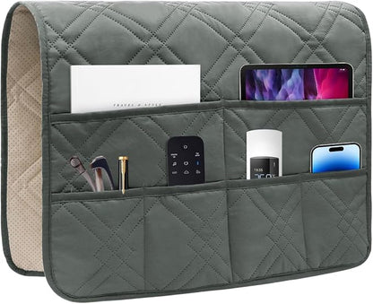 HADEEONG Couch Armrest Organizer Remote Control Holder Bedside Caddy with 6 Pockets, Non-Slip Armchair Caddy Sofa Armrest Organizer for Tv Remote Control, Magazine, Cell Phone, Dark Grey