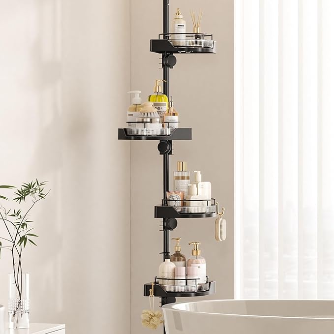 shuang qing 360° Rotating Corner Shower Caddy Tension Pole Organizer - 4-Tier Adjustable Rustproof Metal Pole, Plastic Shelves with Safety Guardrail, Bathroom Storage for Shower & Bathtub(Black)