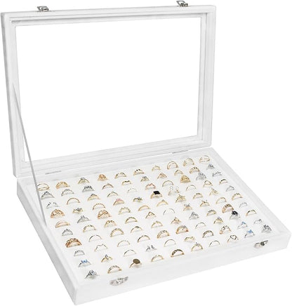 Velvet Ring Display Tray Organizer Box with Transparent Lid, 100 Slot Ring Holder Showcase For Store Display Jewelry Show Home, Ring Organizer For Rings Earrings (Ivory)