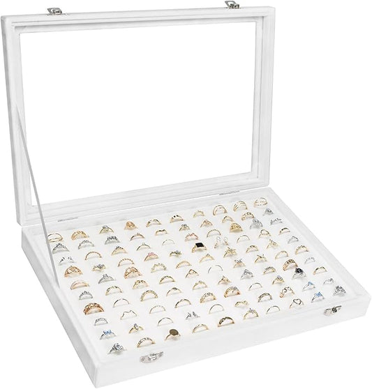 Velvet Ring Display Tray Organizer Box with Transparent Lid, 100 Slot Ring Holder Showcase For Store Display Jewelry Show Home, Ring Organizer For Rings Earrings (Ivory)
