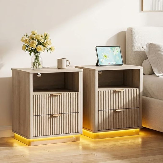 BONITURE Fluted Night Stand Set of 2, Curved Nightstands with Charging Station Lighting, Wood End Table with 2 Drawers, Modern Side Table Storage Cabinet for Bedroom Office,(2, Natural)