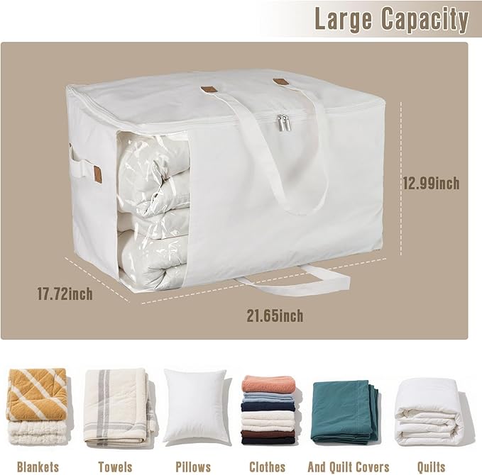 Heavy Duty Cotton Canvas Storage Bags For Comforter Blankets Clothes Extra Large Foldable Organizer with Clear Window & Reinforced Handles, Dustproof Design (White, 80L-3Pack)