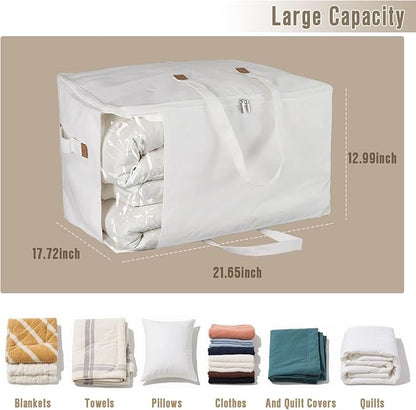 Heavy Duty Cotton Canvas Storage Bags For Comforter Blankets Clothes Extra Large Foldable Organizer with Clear Window & Reinforced Handles, Dustproof Design (White, 80L-3Pack)