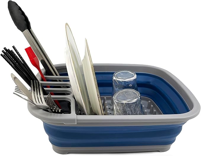 SAMMART 8L (2.11Gallons) Collapsible Plastic Dish Drainer - Foldable Drying Rack - Portable Dinnerware Organizer - Space Saving Kitchen Utensil Storage Tray (Grey/Mist Blue)