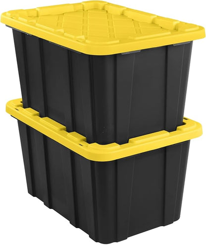 6-Pack 27-Gallon Industrial Totes - Rugged Black & Yellow Plastic Storage Bins with Secure Snap-On Lids, Stackable Design for Garage, Warehouse or Workshop Organization